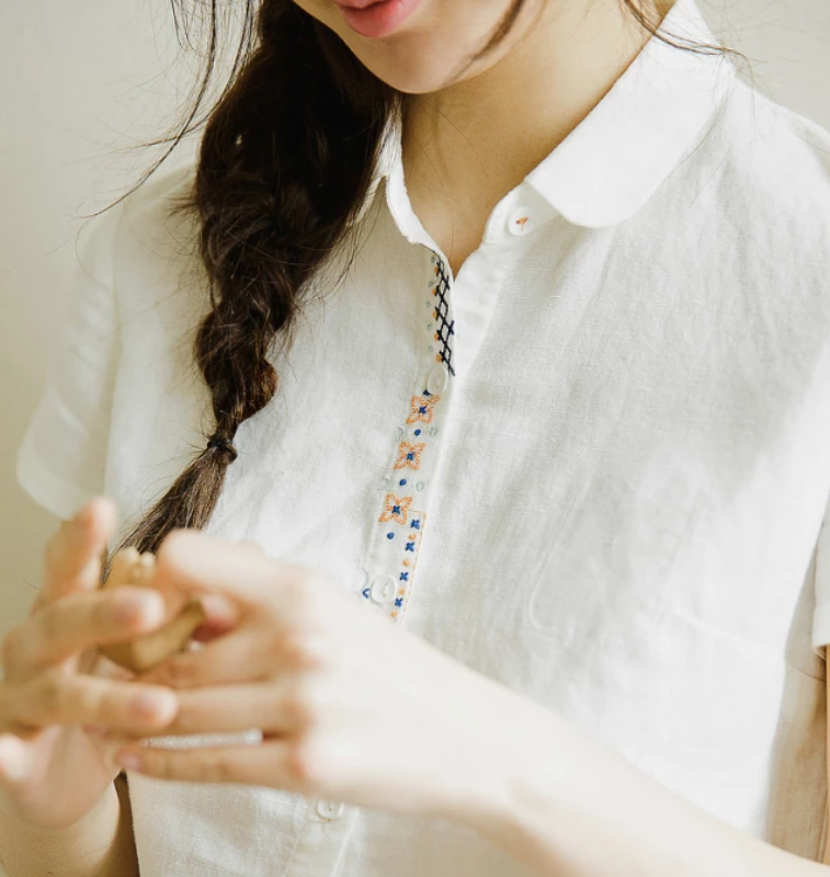 Women's Embroidered Short Sleeve Cotton Shirt