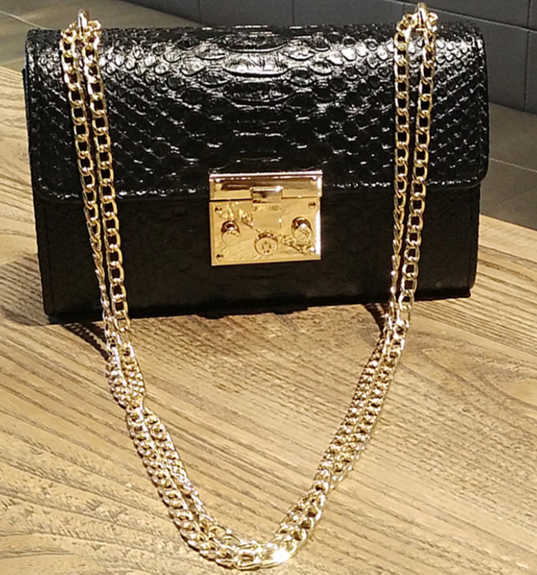 Women's Crocodile Bag With Flap | Small Clutch With Gold Chain