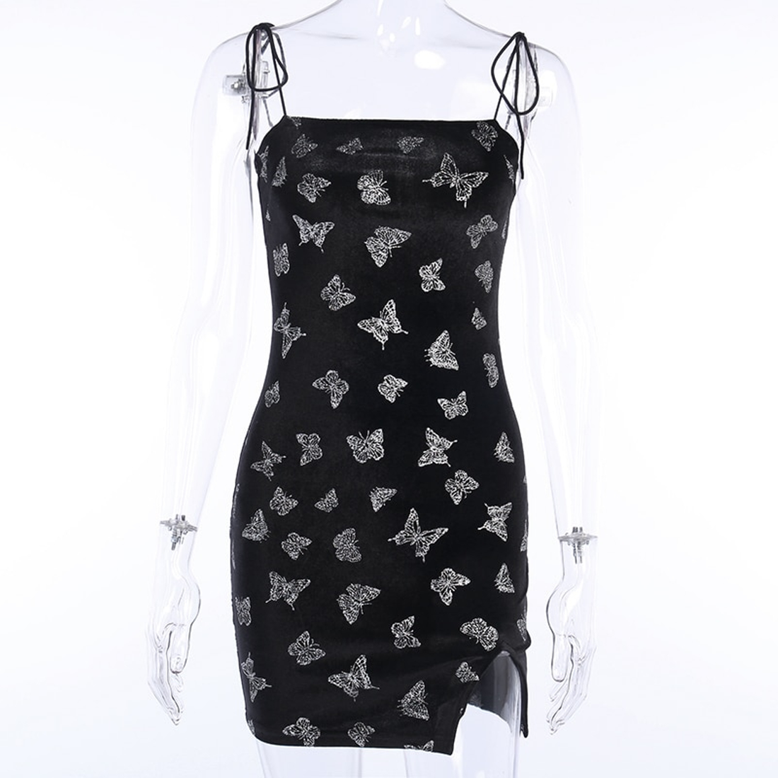 Women's Velvet Bodycon Split Mini Dress With Butterfly Print