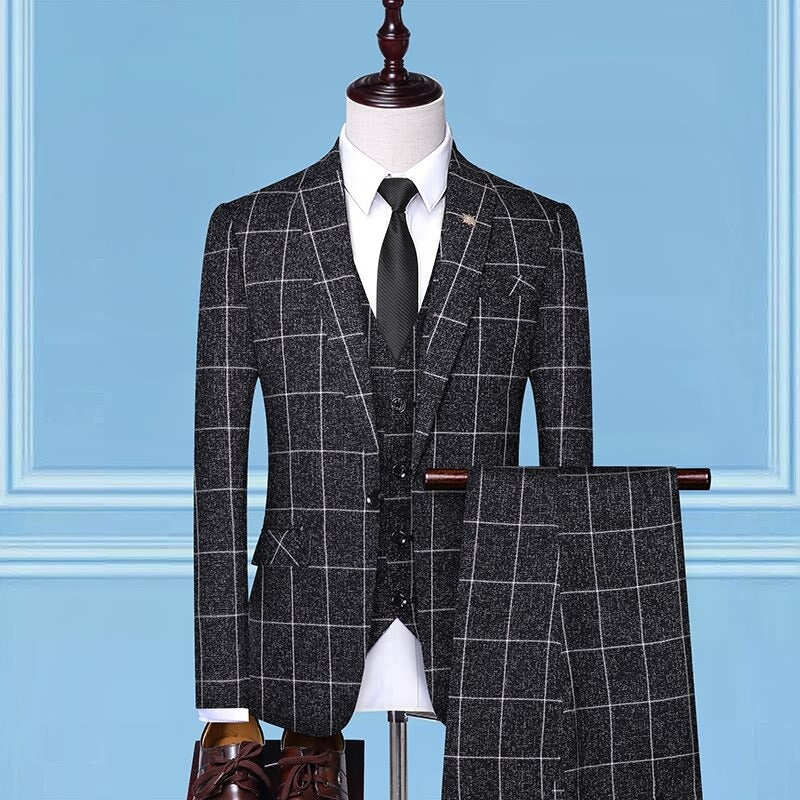 Men's Three-Piece Suit Set | Plaid Jacket & Pants & Vest