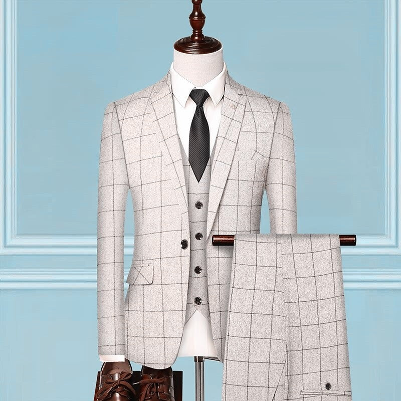 Men's Three-Piece Suit Set | Plaid Jacket & Pants & Vest