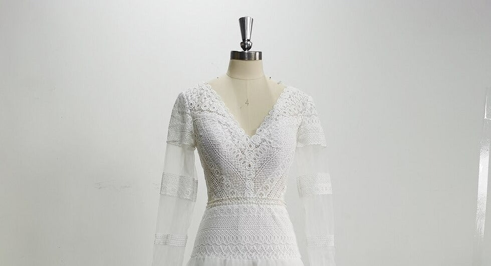 Women's Vintage V-Neck A-Line Wedding Dress With Ruffles