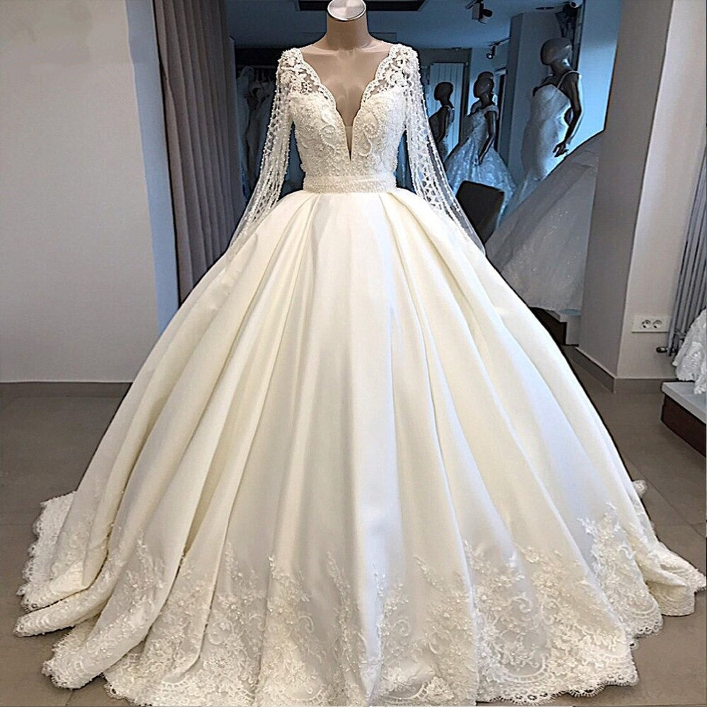 Women's Puff Long Sleeve Satin Lace Wedding Dress With Pearls