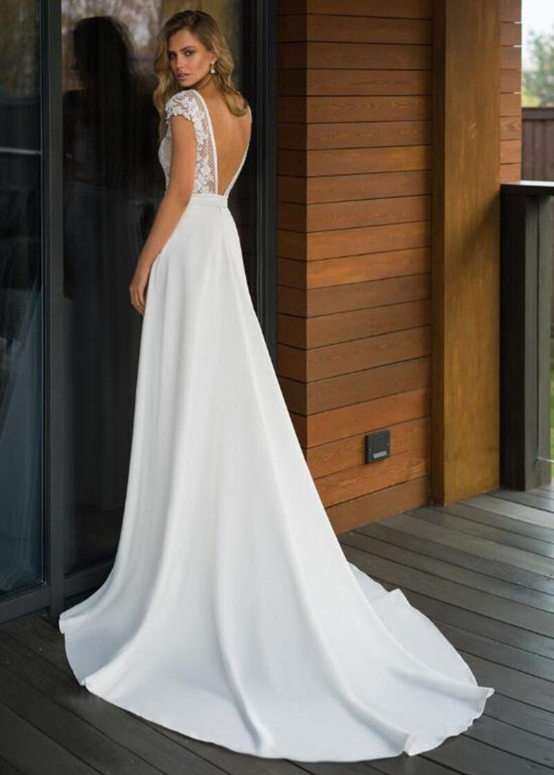 Women's Chiffon Lace V-Neck Backless Wedding Dress