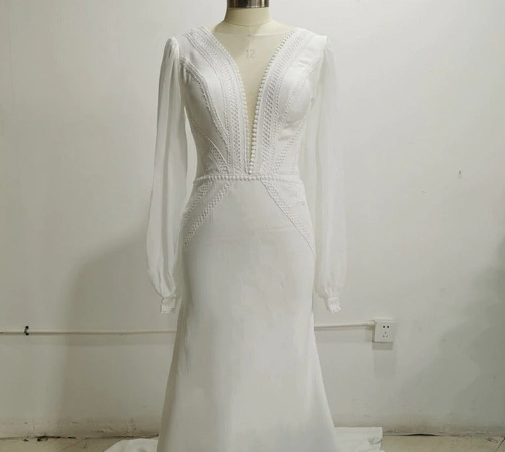 Women's V-Neck Long Chiffon Sleeved Wedding Dress With Train