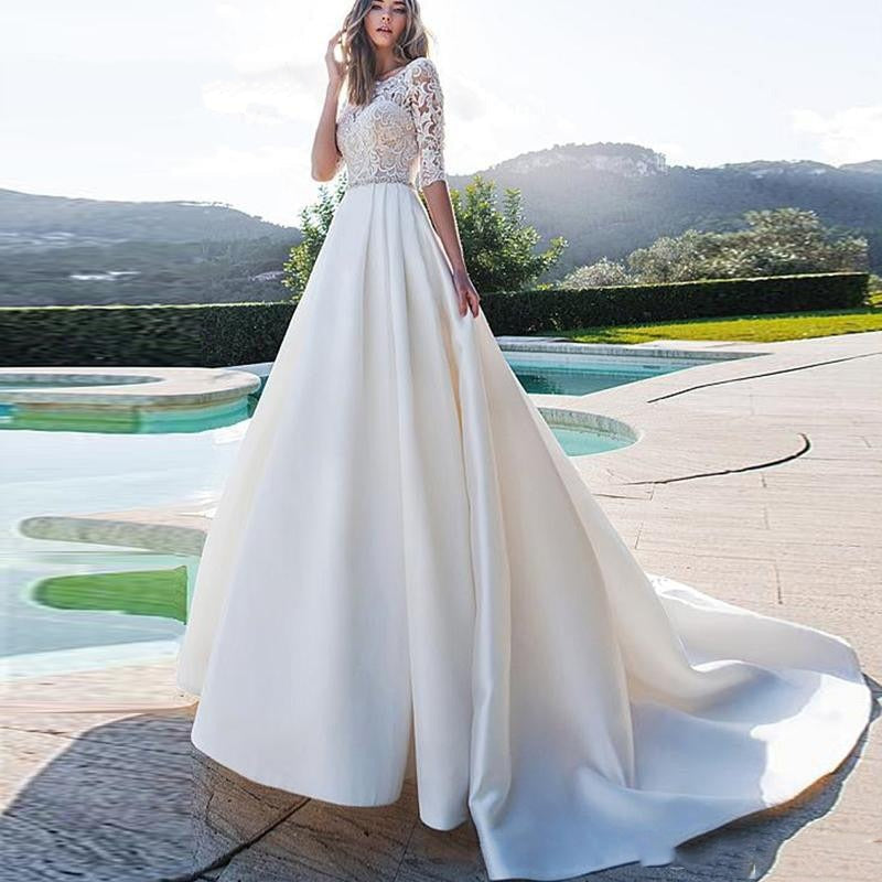 Women's A-Line Half Sleeved Wedding Dress With Pockets