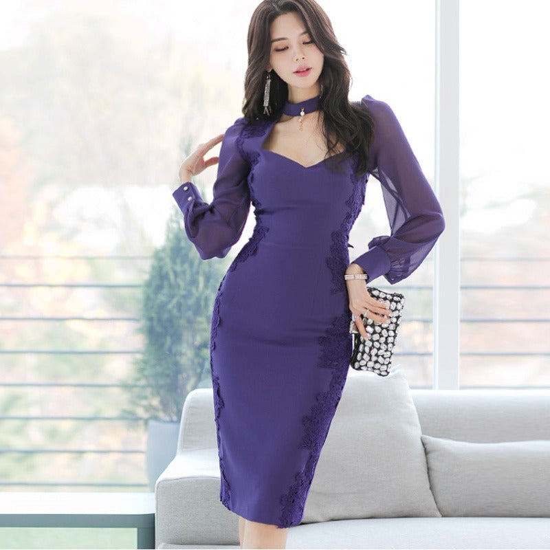 Women's Summer V-Neck Sheath Chiffon Long-Sleeved Dress