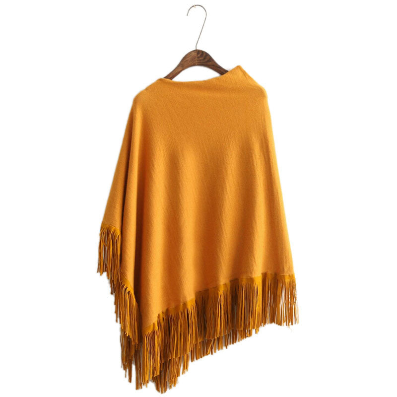 Women's Winter & Autumn Knitted Poncho With Tassels - Zorket