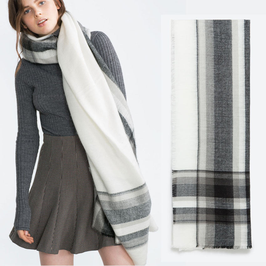 Women's Fashion Black And White Plaid Cashmere Blanket Winter Scarf - Zorket
