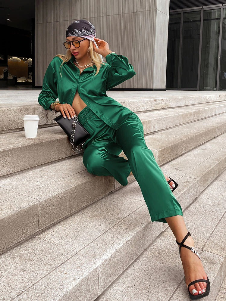 Women's Casual Loose Satin Two-Piece Suit | Pants & Top