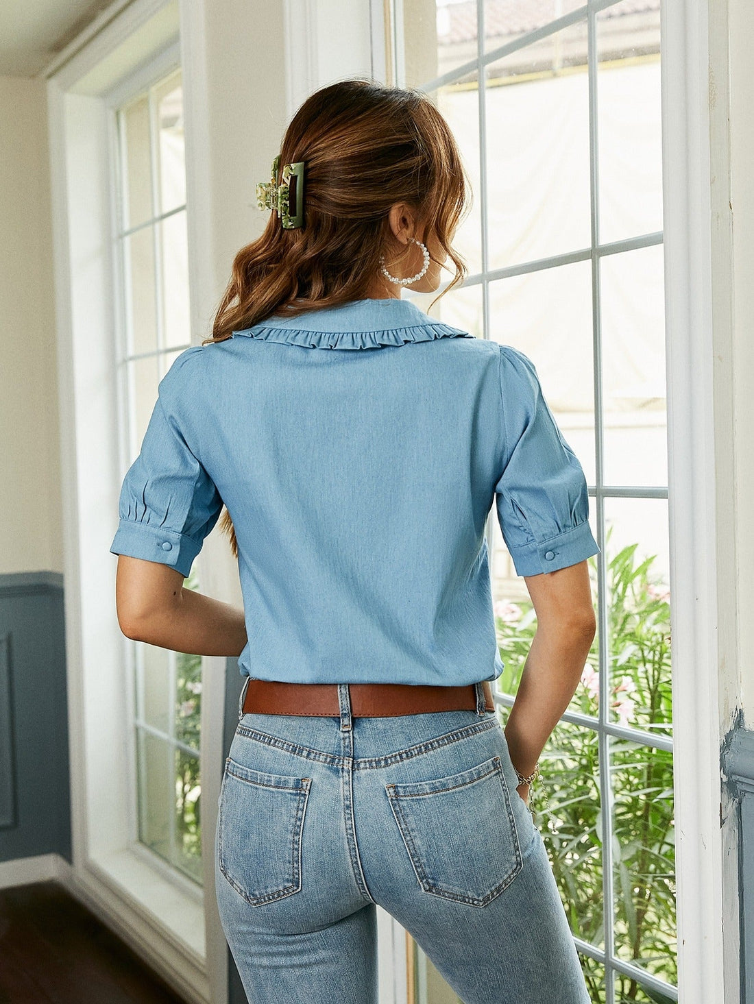 Women's Summer Cotton Short Sleeved Light Blue Blouse | Shirt