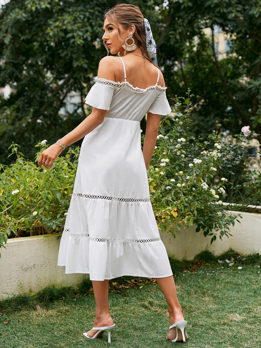 Women's Summer A-Line Cold Shoulder White Cotton Maxi Dress