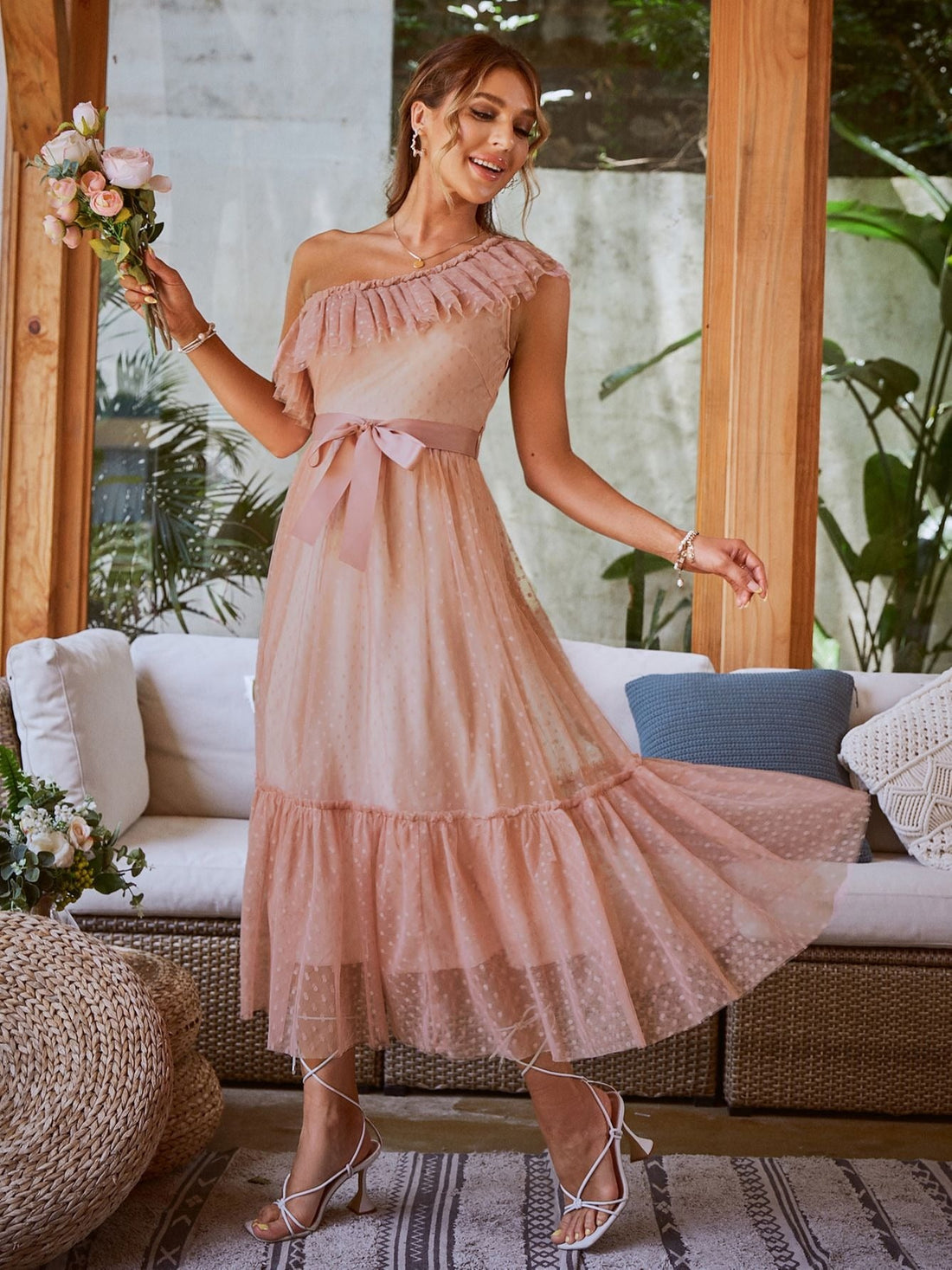 Women's Summer One-Shoulder Mesh Pink Dress