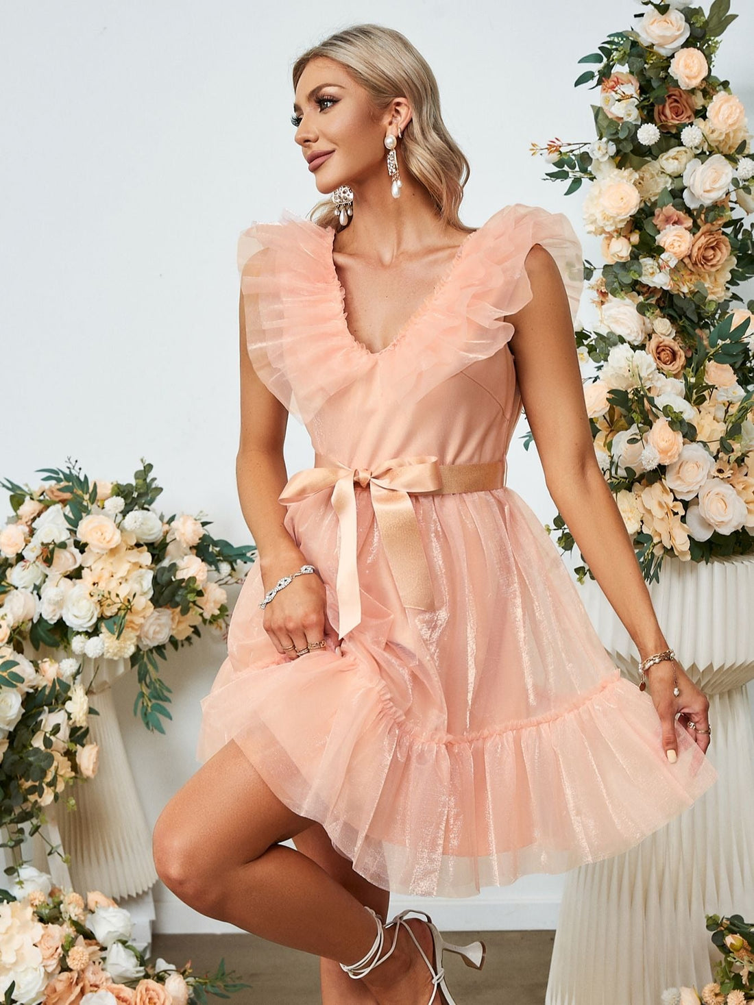 Women's Summer V-Neck Pink Mini Dress With Belt