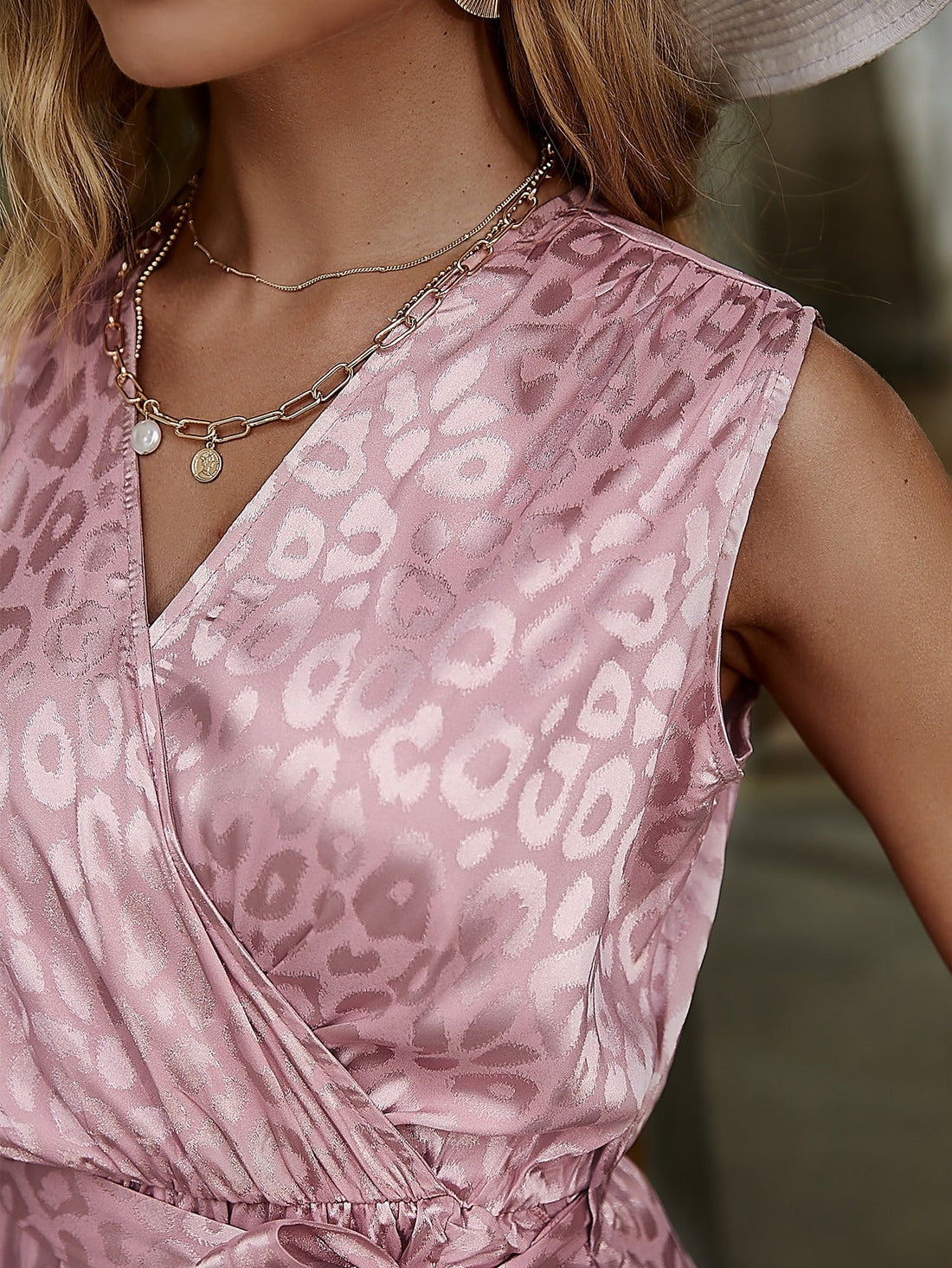 Women's Summer Satin Leopard Print Lace Up Dress