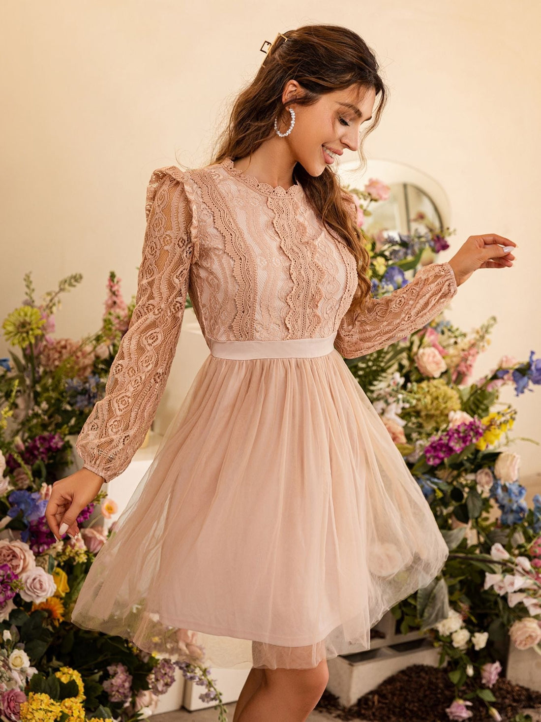 Women's Summer/Autumn Tulle Lace O-Neck Pink Mini Dress