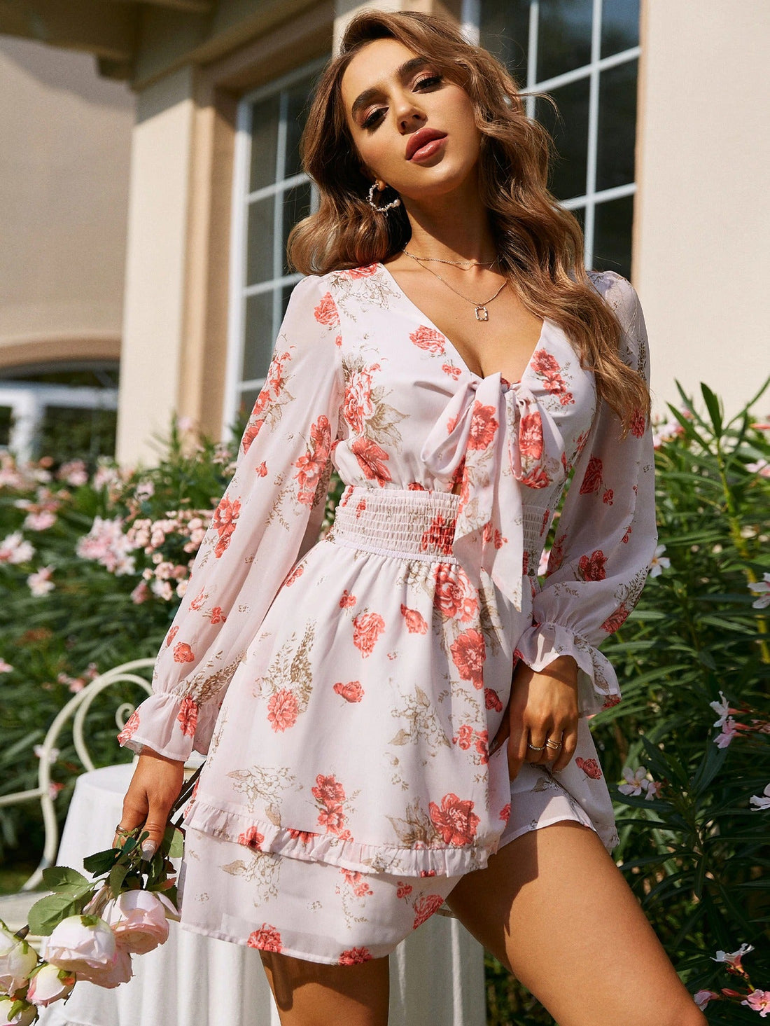 Women's Summer Floral Ruffle Sleeves Mini Dress
