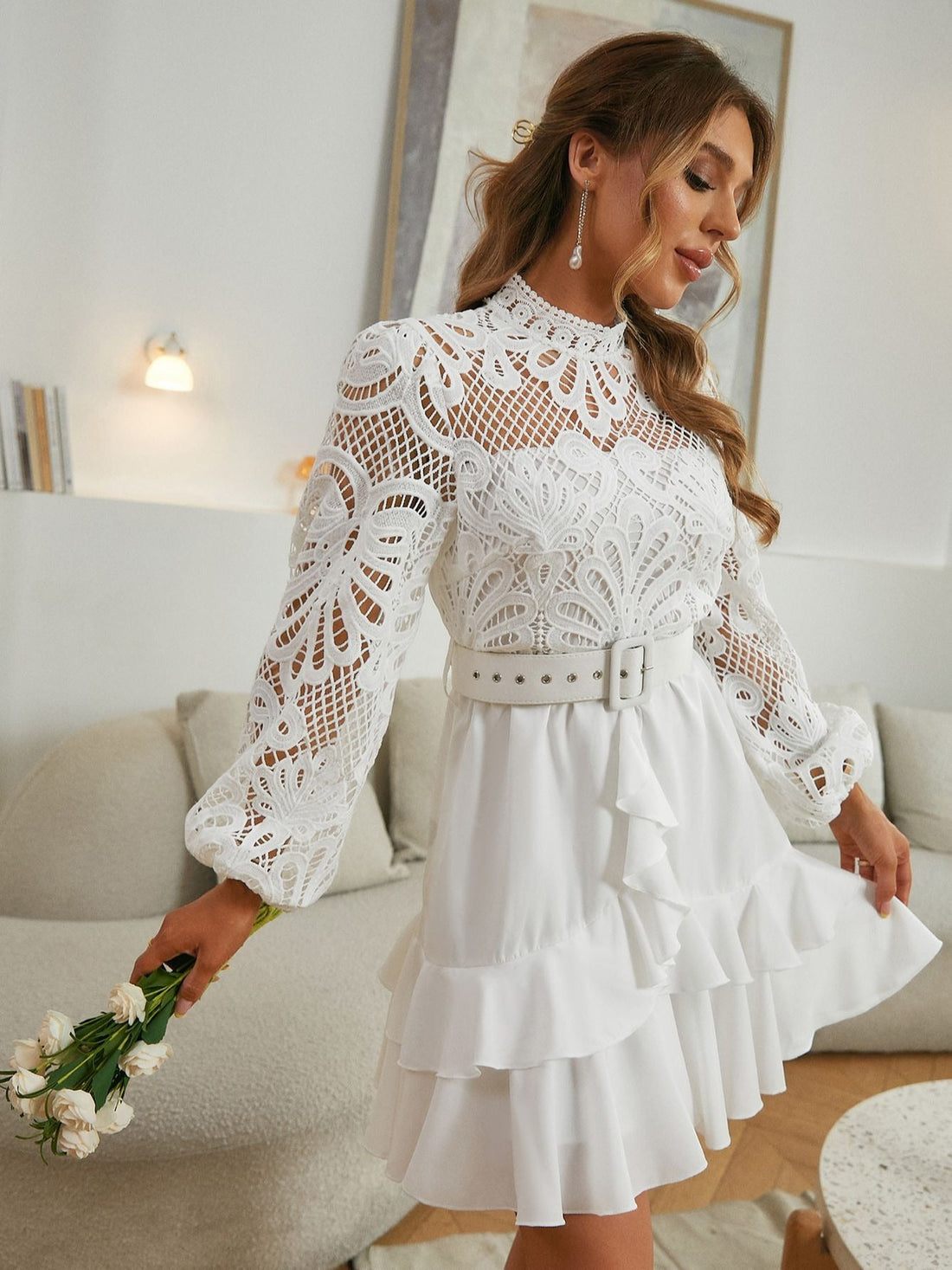 Women's Summer/Autumn Lace Patchwork White Dress | Wedding Dress