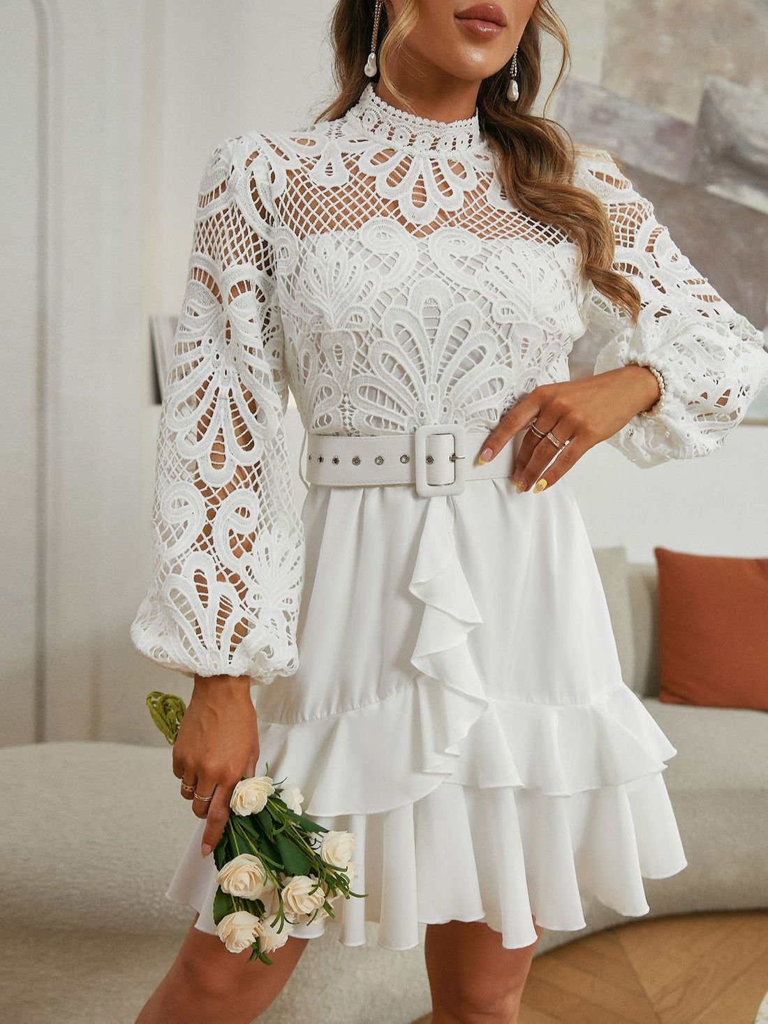 Women's Summer/Autumn Lace Patchwork White Dress | Wedding Dress