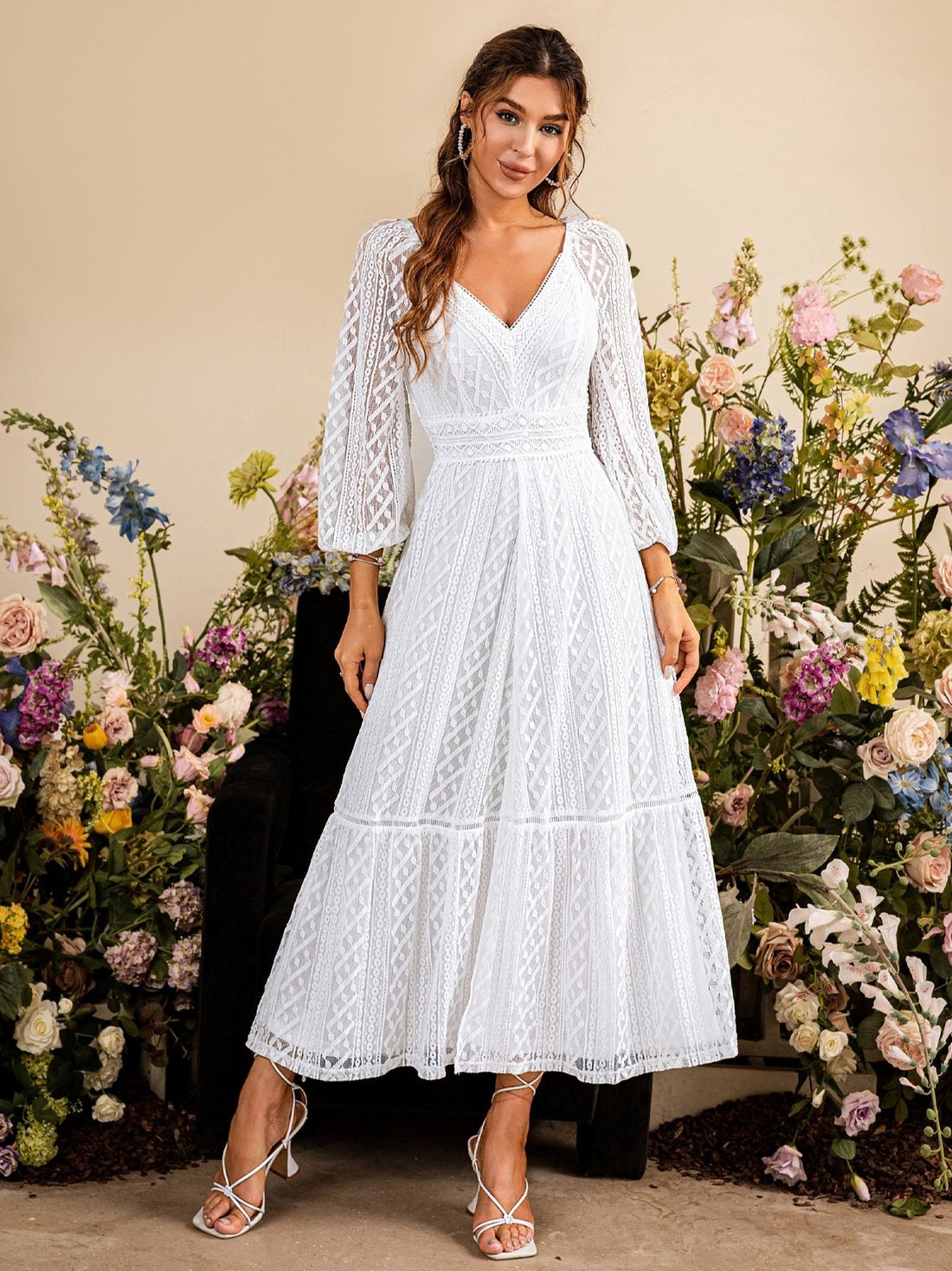 Women's Summer V-Neck Long Sleeved White Maxi Dress | Wedding Dress