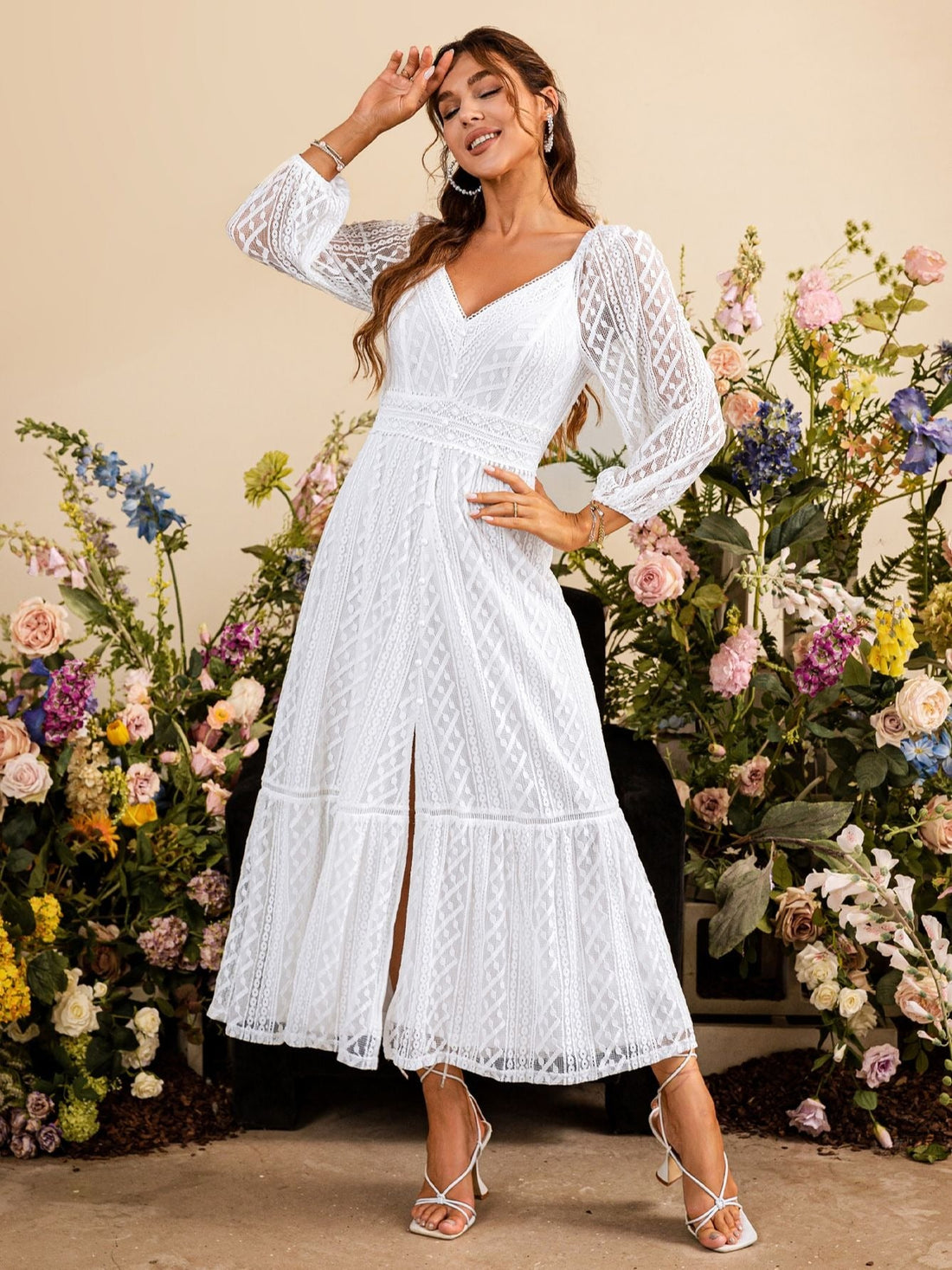 Women's Summer V-Neck Long Sleeved White Maxi Dress | Wedding Dress