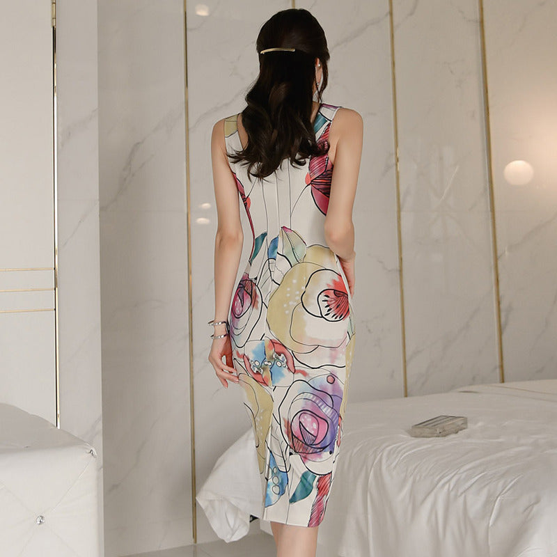 Women's Summer Sleeveless Sheath Midi Dress With Print