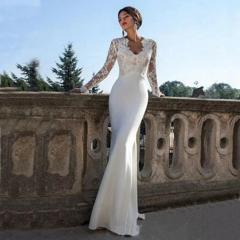 Women's Lace Long Sleeved Wedding Dress With Train