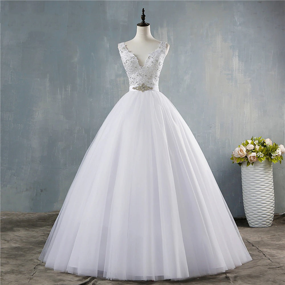 Women's V-Neck White Vintage Wedding Dress