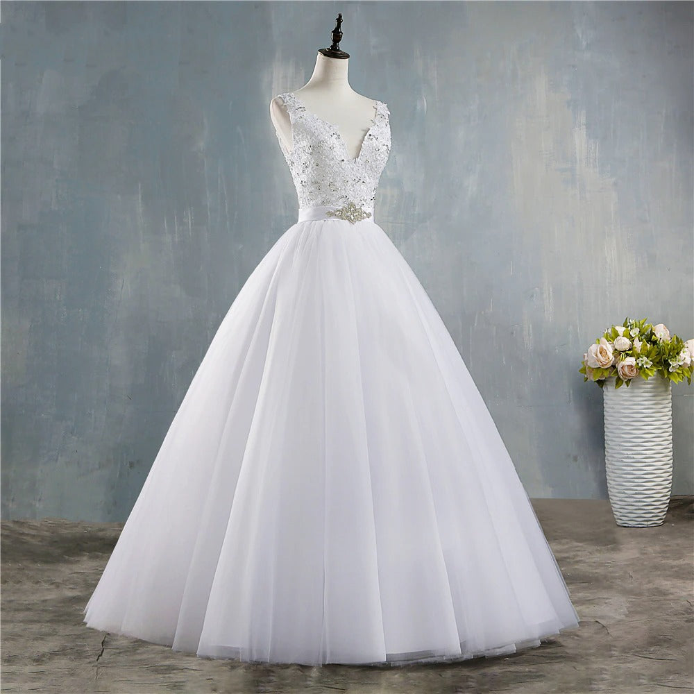 Women's V-Neck White Vintage Wedding Dress